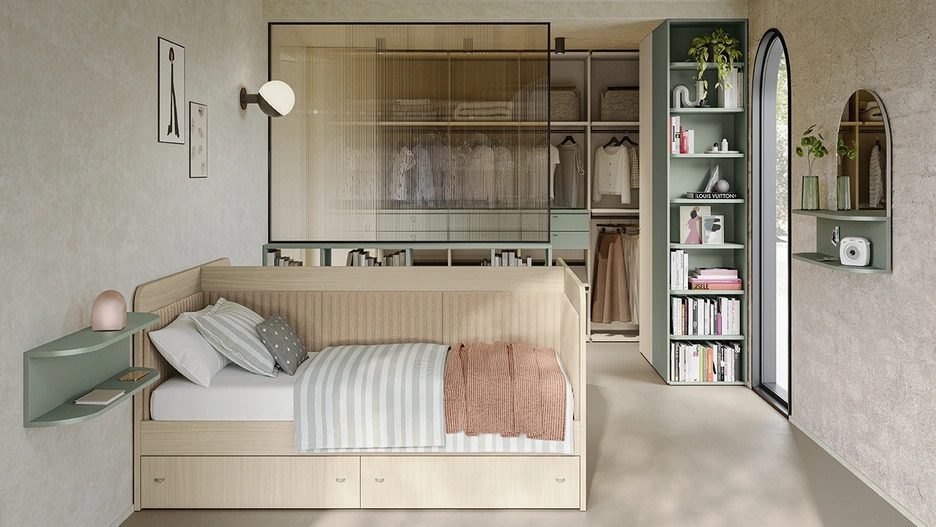 Cameretta su misura con letto contenitore, armadio e libreria